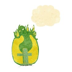 cartoon ghost rising from grave with thought bubble