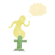 cartoon ghost rising from grave with thought bubble N2