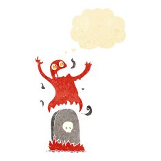 cartoon ghost rising from grave with thought bubble N3