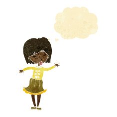 cartoon waving woman with thought bubble N4