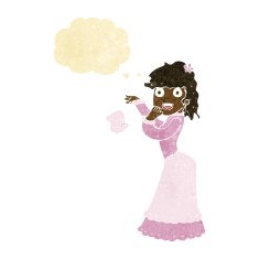 cartoon victorian woman dropping handkerchief with thought bubbl