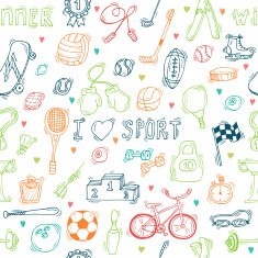 Seamless pattern with hand drawn sport equipment I love