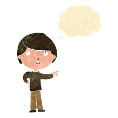 cartoon boy pointing with thought bubble N6
