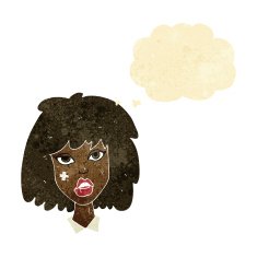 cartoon woman with bruised face thought bubble