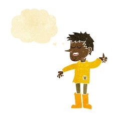 cartoon poor boy with positive attitude thought bubble