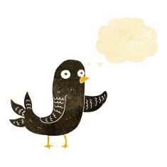 cartoon waving bird with thought bubble