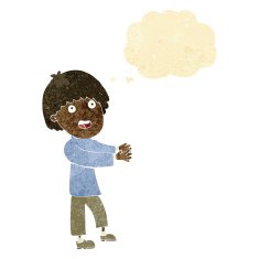 cartoon happy man showing with thought bubble