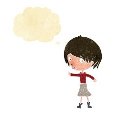 cartoon woman raising eyebrow with thought bubble N4