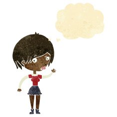 cartoon waving woman with thought bubble N6