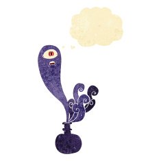 cartoon halloween ghost in bottle with thought bubble N2