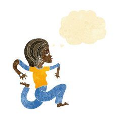 cartoon woman running with thought bubble