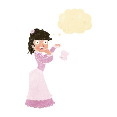 cartoon victorian woman dropping handkerchief with thought bubbl N2