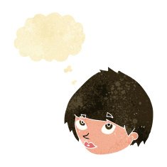 cartoon female face looking up with thought bubble