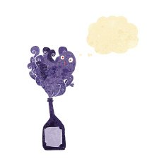 cartoon ghost in bottle with thought bubble