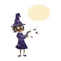 cartoon witch casting spell with thought bubble