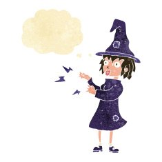 cartoon witch casting spell with thought bubble N2