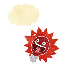 cartoon red lightbulb with thought bubble