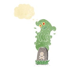 cartoon ghost rising from grave with thought bubble N5
