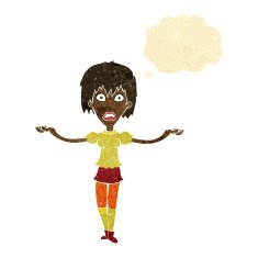 cartoon woman shrugging shoulders with thought bubble N51