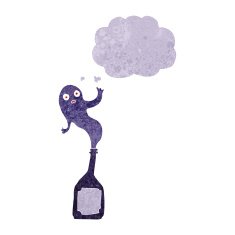 cartoon ghost in bottle with thought bubble N3