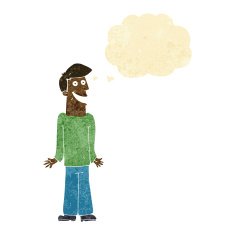 cartoon man shrugging shoulders with thought bubble N2