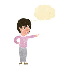 cartoon woman pointing with thought bubble N25