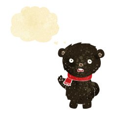 cartoon black bear wearing scarf with thought bubble N2