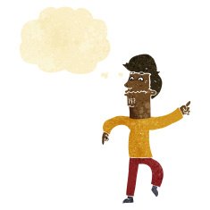 cartoon worried man pointing with thought bubble N3