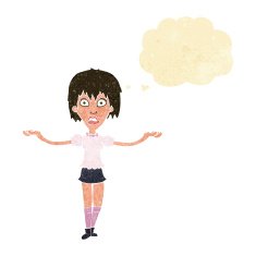 cartoon woman shrugging shoulders with thought bubble N53