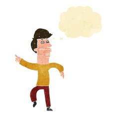cartoon worried man pointing with thought bubble N4