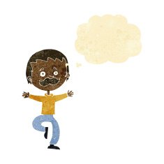 cartoon dancing man with mustache thought bubble