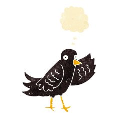 cartoon waving bird with thought bubble N3