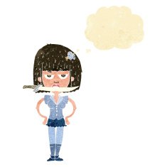 cartoon woman with knife between teeth thought bubble N6