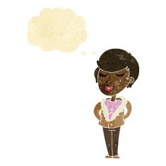 cartoon cool relaxed woman with thought bubble