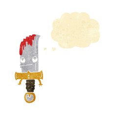 bloody knife cartoon character with thought bubble