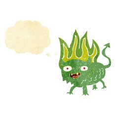 cartoon little demon with thought bubble N3