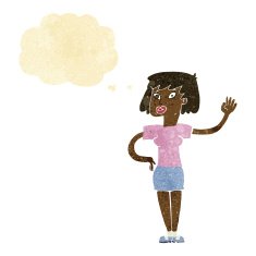 cartoon woman waving with thought bubble N57