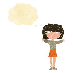 cartoon woman raising arms in air with thought bubble N2