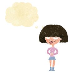cartoon sly woman with thought bubble N2