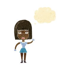 cartoon waving woman with thought bubble N10