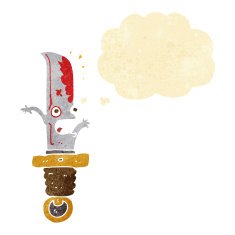 cartoon frightened knife with thought bubble