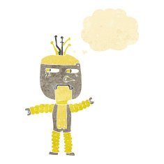 cartoon waving robot with thought bubble