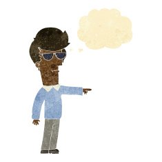 cartoon man in glasses pointing with thought bubble