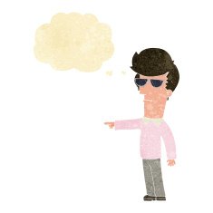 cartoon man in glasses pointing with thought bubble N2