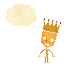 cartoon robot with crown thought bubble