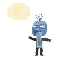 cartoon waving robot with thought bubble N3