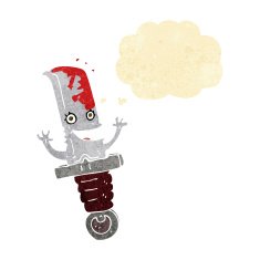 crazy cartoon knife character with thought bubble