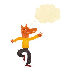 cartoon happy fox man with thought bubble N4