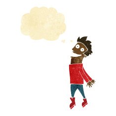 cartoon drenched man flying with thought bubble