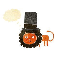 cartoon lion in top hat with thought bubble